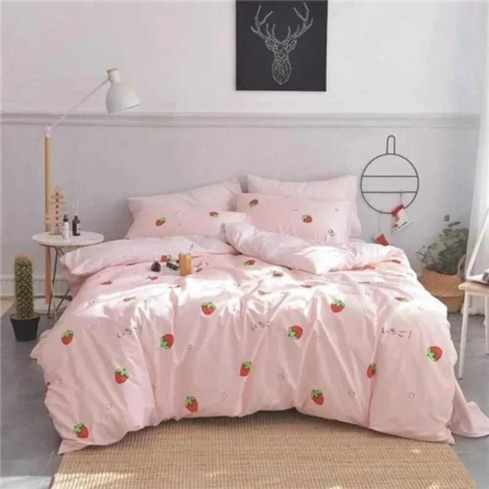 Duvet CoverSet Pure Cotton Cute Pink Anime Bedding Set 3 PCS with Zipper Closure